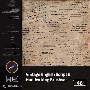 May include: A digital brush set featuring vintage English script and handwriting. The image shows a textured, aged paper background with handwritten text in black ink. The set includes 48 brushes, with icons for Procreate and Photoshop.