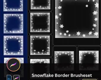 May include: A digital art product showcasing a snowflake border brushes set. The image displays multiple square and rectangular frames with white snowflake designs on dark backgrounds. The text "Snowflake Border Brushes" is visible, along with icons for Procreate and Photoshop.