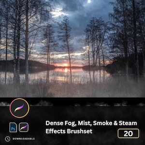 Può includere: Un'illustrazione digitale di un set di pennelli per creare effetti come nebbia, foschia, fumo e vapore. Il set di pennelli contiene 20 pennelli. L'immagine mostra un paesaggio con un lago e alberi in primo piano e un tramonto sullo sfondo.