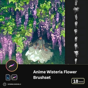 18 Wisteria Flower Brushes for PS & Procreate | Ink, Watercolor Plant, Floral Scenes Atmosphere for iPad Illustrations Anime Sketch