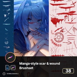 May include: Digital art brush set featuring manga-style scars and wounds. The image includes a blue-haired anime character with drawn wounds, and examples of brush strokes. The text reads "Manga-style scar & wound Brushset".