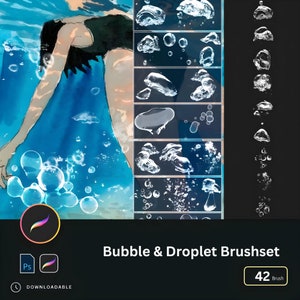 Puede incluir: Un conjunto de pinceles digitales para Photoshop con 42 pinceles diferentes de burbujas y gotas. Los pinceles se muestran sobre un fondo negro con una ilustración azul y blanca de una persona nadando bajo el agua.