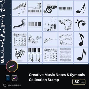 80 Creative Music Notes & Symbols Collection Stamp, Decorative Icon Designs, PNG Clipart, Musical Themed Graphic Elements, Royalty-Free