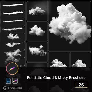Może przedstawiać: Zestaw 26 realistycznych pędzli do Photoshopa z chmurami i mgłą. Pędzle są wyświetlane na czarnym tle z różnymi kształtami i rozmiarami chmur.