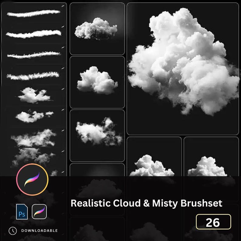 36 Realistic Cloud Brushes for Procreate and PS: Hand-drawn White ...