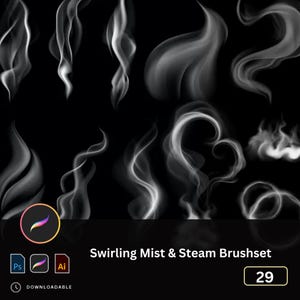 Könnte beinhalten: Ein Set mit 29 digitalen Pinseln für Adobe Photoshop und Illustrator mit wirbelnden Nebel- und Dampfeffekten. Die Pinsel wurden entwickelt, um realistische Rauch-, Nebel- und Dampfeffekte zu erzeugen.