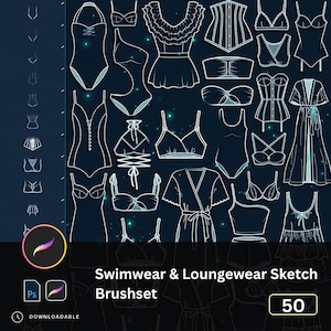 Op de afbeelding: Een digitale illustratie van verschillende badmode- en loungewear-ontwerpen in witte lijnen op een donkerblauwe achtergrond. De afbeelding bevat bh's, badpakken en badjassen. Tekst onderaan luidt "Swimwear & Loungewear Sketch Brushset" en "50".