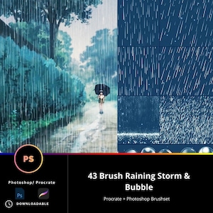 Op de afbeelding: Een digitale illustratie van een persoon die met een paraplu in de regen loopt. De afbeelding bevat 43 digitale penselen voor gebruik in Procreate en Photoshop. De penselen zijn ontworpen om realistische regeneffecten en bubbels te creëren.