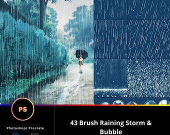 43 Rain Brushes, Rain Brush, Rain Brush Set, Realistic Rain Brushes,Realistic Rain Brush, Rain Procreate Brusheset ,Photoshop Brushes,
