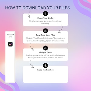 Puede incluir: Una infograf&iacute;a colorida con una gu&iacute;a paso a paso sobre c&oacute;mo descargar archivos de Etsy. Los pasos incluyen realizar un pedido, descargar archivos, acceder a Google Drive y disfrutar de los pinceles.