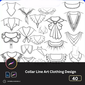 Può includere: Una collezione di 40 diversi disegni di colletti disegnati in arte di linea nera. I colletti sono di vari stili, tra cui Peter Pan, marinaio e arricciati.