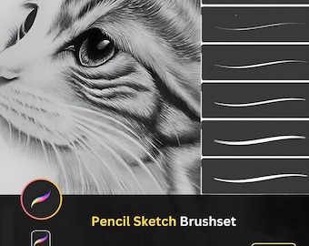 May include: A set of 100+ digital pencil sketch brushes for digital art. The brushes are shown on a black background with a close-up of a cat's eye and fur drawn in pencil.