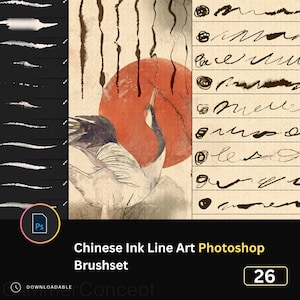 May include: A digital art brush set for Photoshop featuring Chinese ink line art. The image includes a crane illustration with a red sun, brushstroke samples, and the text "Chinese Ink Line Art Photoshop Brushset".