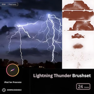May include: A digital illustration of a lightning bolt with a dark blue and purple sky background. The image is a preview for a set of 24 digital brushes for the Procreate app called "Lightning Thunder Brushset".