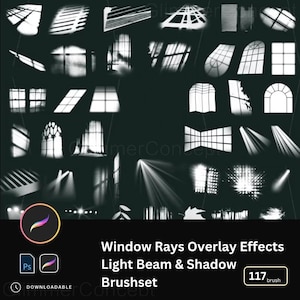 以下が含まれることがあります： 暗い背景に白い窓の光線オーバーレイ効果、光線、影が描かれたデジタルアートブラシセットです。「Window Rays Overlay Effects Light Beam & Shadow Brushset」というテキストが表示されています。117個のブラシが含まれています。