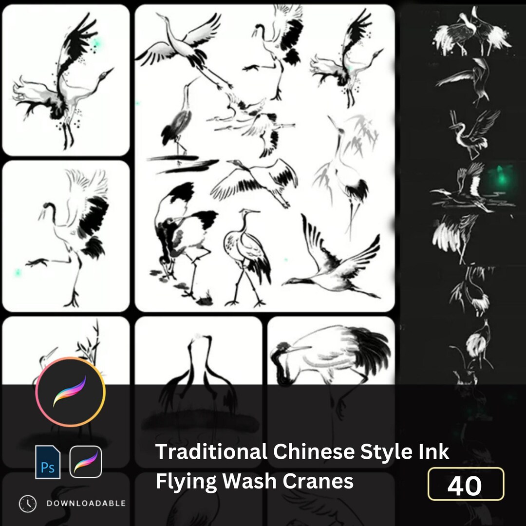 Ink Wash Cranes Procreate & PS Brushset | Traditional Chinese Style ...