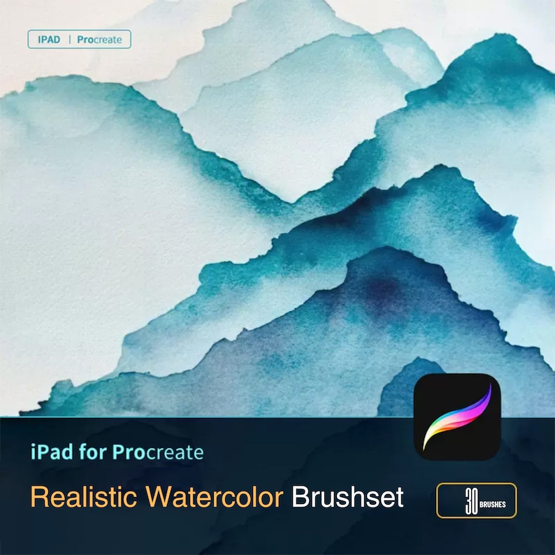 Op de afbeelding: iPad voor Procreate app-pictogram met een blauwe aquarel achtergrond. De tekst luidt "iPad voor Procreate" en "Realisttische Aquarel Penseelset". Een knop luidt "30 Penselen".