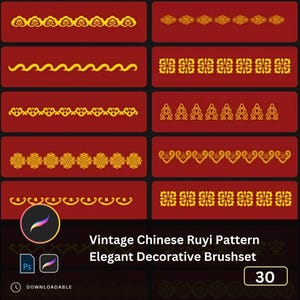 Puede incluir: Un conjunto de 30 pinceles vintage de patrón chino Ruyi para usar en Photoshop. Los pinceles son dorados y rojos y presentan una variedad de patrones decorativos.