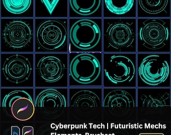 40 Cyberpunk Tech Elements Procreate Stamp | Futuristic Mechs, Dashboard Interfaces, & Cool Glowing Halos for Sci-Fi Art Designs