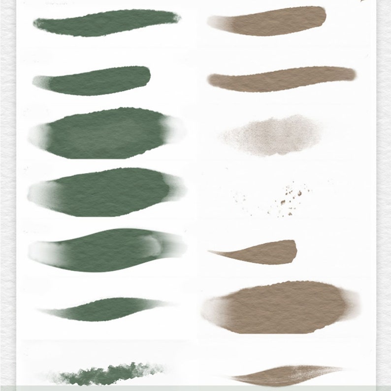 Op de afbeelding: Een set digitale aquarelpenselen voor grafisch ontwerp. De penselen zijn in tinten groen en bruin. De penselen zijn perfect voor het cre&euml;ren van natuurlijke en organische ontwerpen.