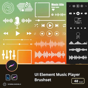 48 Web UI Music Player Brushes for Procreate & Photoshop | Decorative UI Elements, Notes, Progress Bars, Buttons for Mobile Interfaces