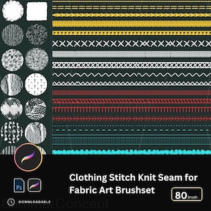 May include: Digital graphic showing clothing stitch and knit seam designs in yellow, white, red, and teal. The image includes fabric art brushes and the text "Clothing Stitch Knit Seam for Fabric Art Brushset".