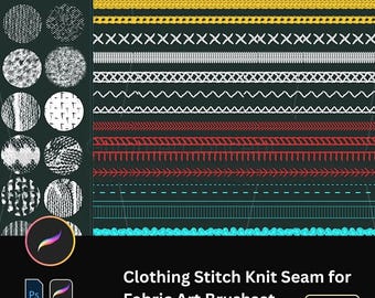 Könnte beinhalten: Digitalgrafik mit verschiedenen Näh- und Stricknahtdesigns in Gelb, Weiß, Rot und Türkis. Das Bild enthält Stoffkunstpinsel und den Text "Clothing Stitch Knit Seam for Fabric Art Brushset".