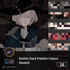 May include: Digital art featuring a person with white hair and a dark blue coat, wearing a black hat. The image includes a color palette labeled "Gothic Dark Palette Colour Swatch" with 16 color swatches. The image also includes the Procreate and Photoshop logos.