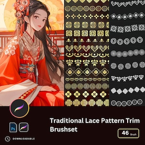May include: A set of 46 digital brushes featuring traditional lace patterns in gold and white. The brushes are designed for use in digital art programs like Photoshop and Procreate. The brushes are perfect for adding intricate details to your designs.