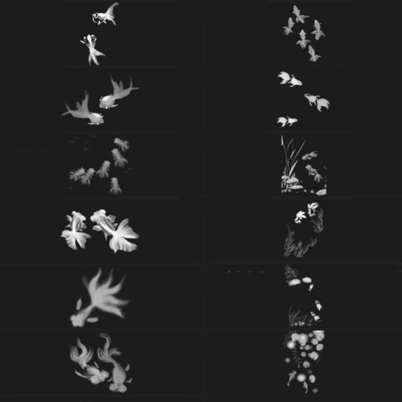 Puede incluir: Una ilustraci&oacute;n digital de peces dorados blancos nadando en un fondo negro. Los peces dorados est&aacute;n en varias posiciones, algunos nadan hacia arriba, otros hacia abajo y otros de lado. La ilustraci&oacute;n es de estilo minimalista, sin otros detalles ni elementos.