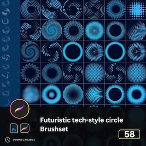 May include: A grid of 30+ blue futuristic tech-style circle designs. The designs vary in style, including dotted patterns, spirals, and solid circles. The text "Futuristic tech-style circle Brushset" is displayed below the grid. The number "58" is in the bottom right corner.