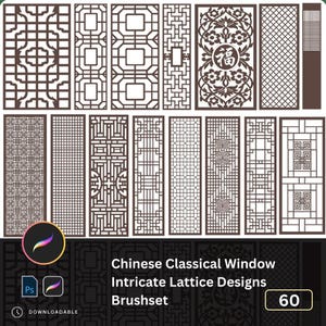 Puede incluir: Un conjunto de 60 diseños intrincados de celosías de ventanas clásicas chinas, perfectos para crear patrones decorativos. Los diseños son en blanco y negro y presentan una variedad de formas geométricas.
