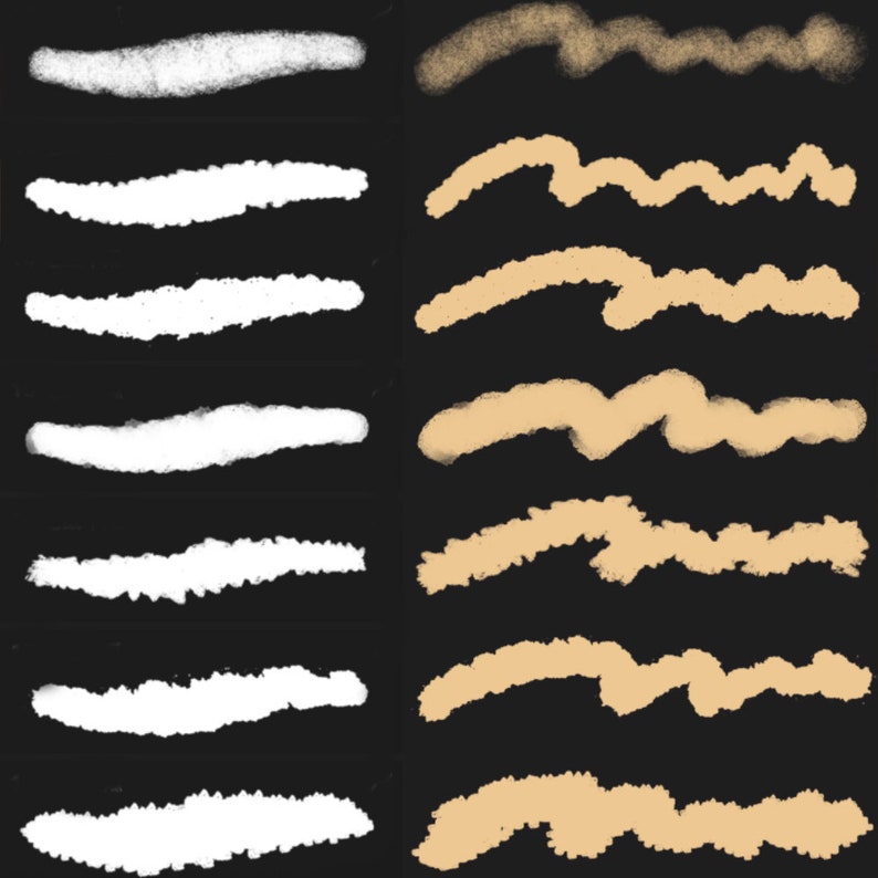 May include: Two rows of white and brown brush strokes on a black background. The brush strokes are in a variety of shapes and sizes, creating a textured effect.