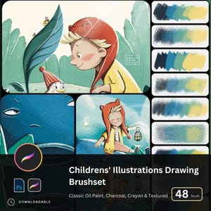 Może przedstawiać: Zestaw pędzli do ilustracji cyfrowych dla ilustracji dziecięcych. Zestaw zawiera 48 pędzli o różnych fakturach, w tym farby olejne, węgiel, kredki i pędzle teksturalne. Obraz pokazuje przykładowe pędzle i kilka ilustracji stworzonych za pomocą pędzli.