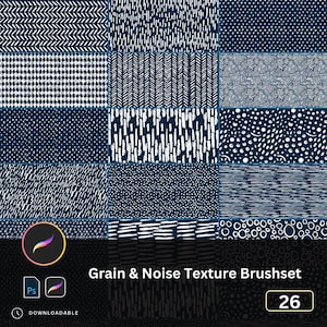 Könnte beinhalten: Eine digitale Grafik mit einem Raster von 16 marineblauen und weißen strukturierten Mustern. Die Muster umfassen verschiedene Designs wie Punkte, Linien und geometrische Formen. Der Text "Grain & Noise Texture Brushset" wird zusammen mit der Nummer "26" angezeigt.