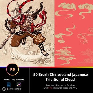 May include: A digital illustration of a warrior figure with a red and white headband, a brown and gold outfit, and a staff. The warrior is standing on a cloud with a background of red and white clouds. The text "50 Brush Chinese and Japanese Triditional Cloud" is at the bottom of the image.