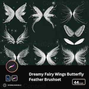 Ailes de fée papillon, motif rêveur transparent dessiné à la main, ailes de plumes élégantes, brosse à procréer, brosse PS, ensemble d&#39;illustrations magiques