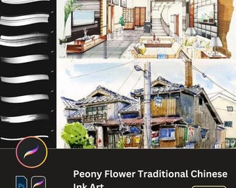 Könnte beinhalten: Ein Set mit über 40 digitalen Pinseln für Adobe Photoshop, mit einer Vielzahl von Pinselstrichen, die von traditioneller chinesischer Tuschekunst inspiriert sind. Die Pinsel wurden entwickelt, um realistische Tuscheeffekte zum Zeichnen und Malen zu erzeugen.
