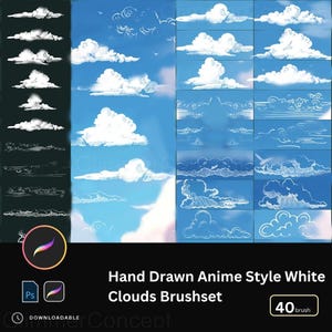 Może przedstawiać: Cyfrowy zasób graficzny przedstawiający ręcznie rysowane białe chmury w stylu anime na tle błękitnego nieba. Obraz zawiera różne pociągnięcia pędzla chmur i tekst "Hand Drawn Anime Style White Clouds Brushset" i "40 brush".