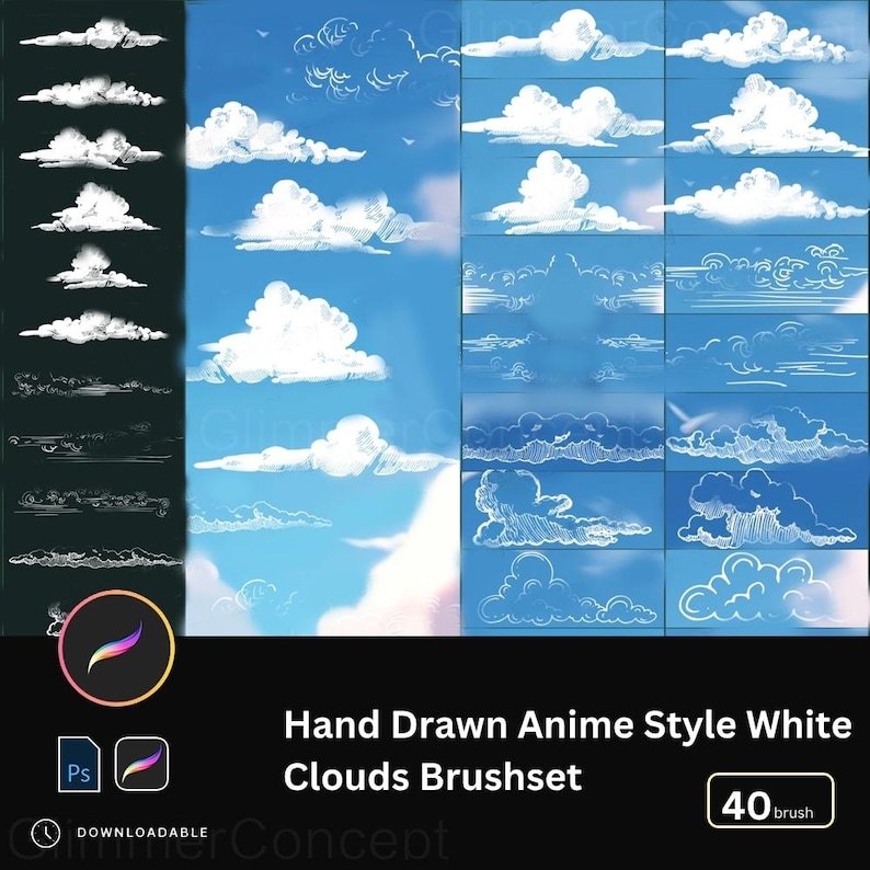 40+ Hand Drawn Anime Clouds Procreate Brush PS Brush Japanese Style ...