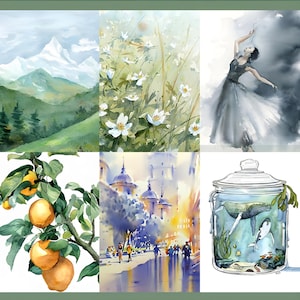 Op de afbeelding: Een collage van zes aquarellen. De afbeelding linksboven toont een bergketen met groene heuvels en een blauwe lucht. De afbeelding in het midden boven toont een veld met witte bloemen. De afbeelding rechtsboven toont een ballerina in een witte jurk. De afbeelding linksonder toont een tak van een boom met gele vruchten. De afbeelding in het midden onder toont een straat in de stad met gebouwen en mensen die lopen. De afbeelding rechtsonder toont een glazen pot met een walvis en ander zeeleven erin.