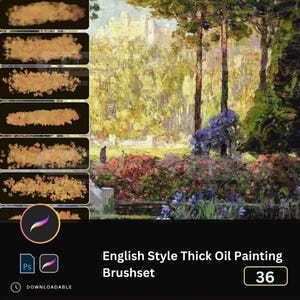 May include: A set of 36 digital brushes for Procreate, inspired by thick oil painting. The brushes are designed to create a realistic, textured look, similar to traditional oil painting. The image shows examples of the brushes in use, creating a landscape scene with trees, flowers, and a building in the background.