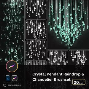 Puede incluir: Un conjunto de arte digital con pinceles de gotas de lluvia y candelabros con colgante de cristal. La imagen muestra varios diseños de gotas de cristal colgantes en tonos verdes y blancos, con un fondo oscuro. El texto dice "Crystal Pendant Raindrop & Chandelier Brushset" y "Downloadable".
