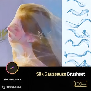 May include: A digital illustration of a woman with long blonde hair wearing a white veil. The image is a product advertisement for a set of 100 digital brushes for the Procreate app. The brushes are designed to create a silk gauze effect. The text "Silk Gauzeauze Brushset" and "100 Brushes" is visible in the image.