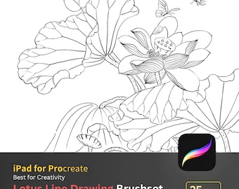 25 Lotus Line Drawing Brushset Procreate lotus brush | Lotus stamps for Procreate Flower Fineline Tattoo, Lotus Botanical Floral Procreate