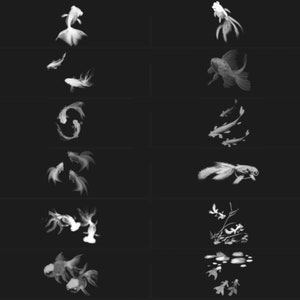 Puede incluir: Una colecci&oacute;n de ilustraciones de tinta blanca de peces dorados en varias poses, incluyendo nadar, saltar y descansar. Las ilustraciones est&aacute;n sobre un fondo negro.