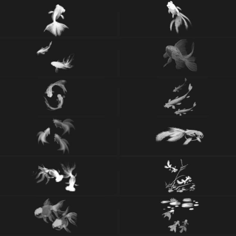 Puede incluir: Una colecci&oacute;n de ilustraciones de tinta blanca de peces dorados en varias poses, incluyendo nadar, saltar y descansar. Las ilustraciones est&aacute;n sobre un fondo negro.
