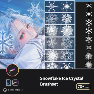 May include: A digital illustration of a person with blue hair and a white shirt. The image is a product advertisement for a set of 70+ snowflake ice crystal brushes for Photoshop. The text "Snowflake Ice Crystal Brushset" is displayed in white letters on a black background.