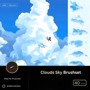 Może przedstawiać: Cyfrowa ilustracja zestawu pędzli do tworzenia chmur na niebie. Obraz przedstawia dwie osoby unoszące się w chmurach. Zestaw pędzli zawiera 40 pędzli i jest przeznaczony do użytku z aplikacją Procreate na iPadzie.