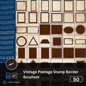 May include: A set of 50 vintage postage stamp border brushes in diverse shapes, including rectangles, circles, and irregular forms. The stamps are brown with a textured, aged appearance, set against a beige background. The text "Vintage Postage Stamp Border Brushset" is displayed.